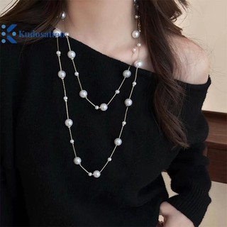 Kudosation Vòng cổ áo len ngọc trai mô phỏng hai lớp thanh lịch dành cho nữ Vòng cổ nữ Dây chuyền dài