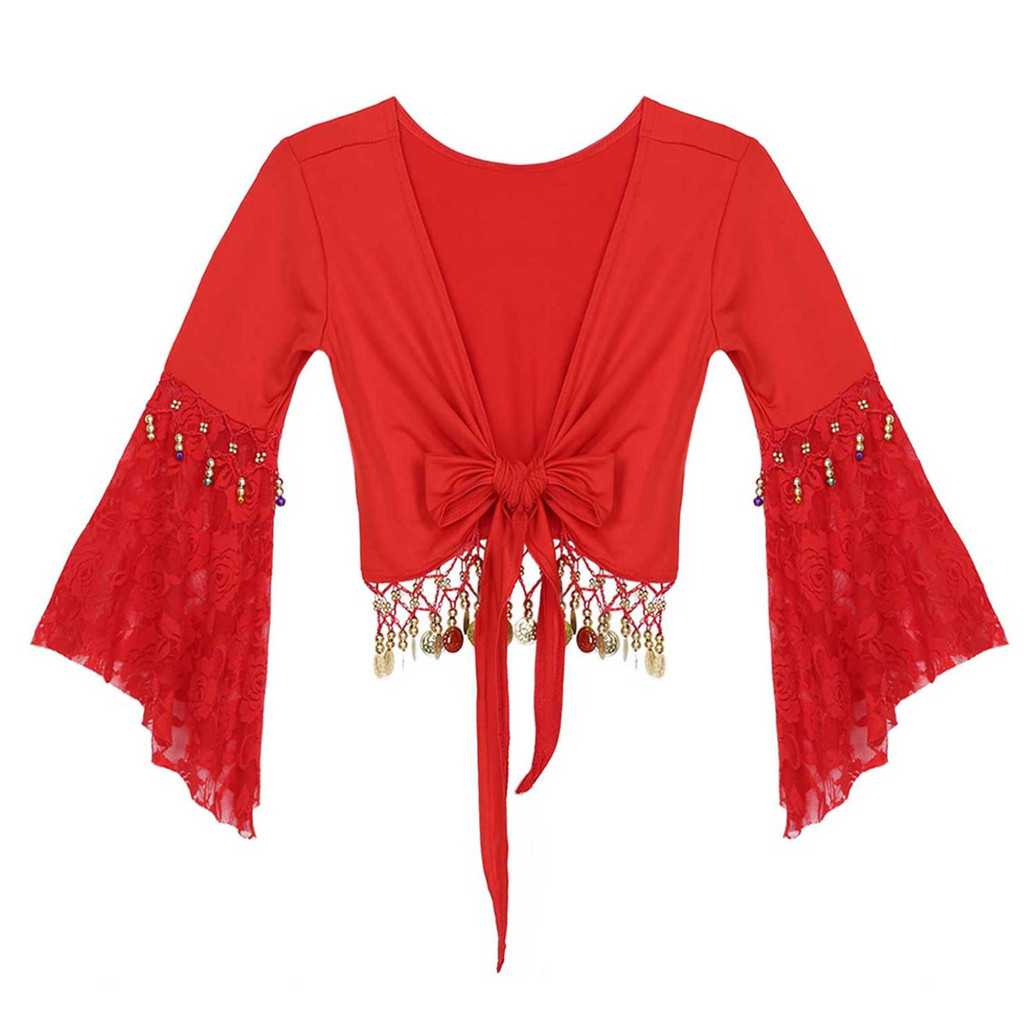 YOOJOO Nữ Bụng Khiêu Vũ Trang Ren Chắp Vá Ba Phần Tư Tay Pháo Sáng Chuông Hạt Tua Rua Ren-Up Khăn Choàng Crop Tops Cardigan