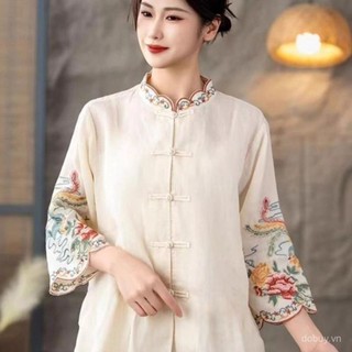 Mùa Hè 2025 Nữ Thêu Phong Cách Trung Hoa Áo Sơ Mi Lá Sen Đứng Cổ Hoa Thêu Ngược Mở Đầu Dân Tộc Retro Vải Lanh Cotton Áo