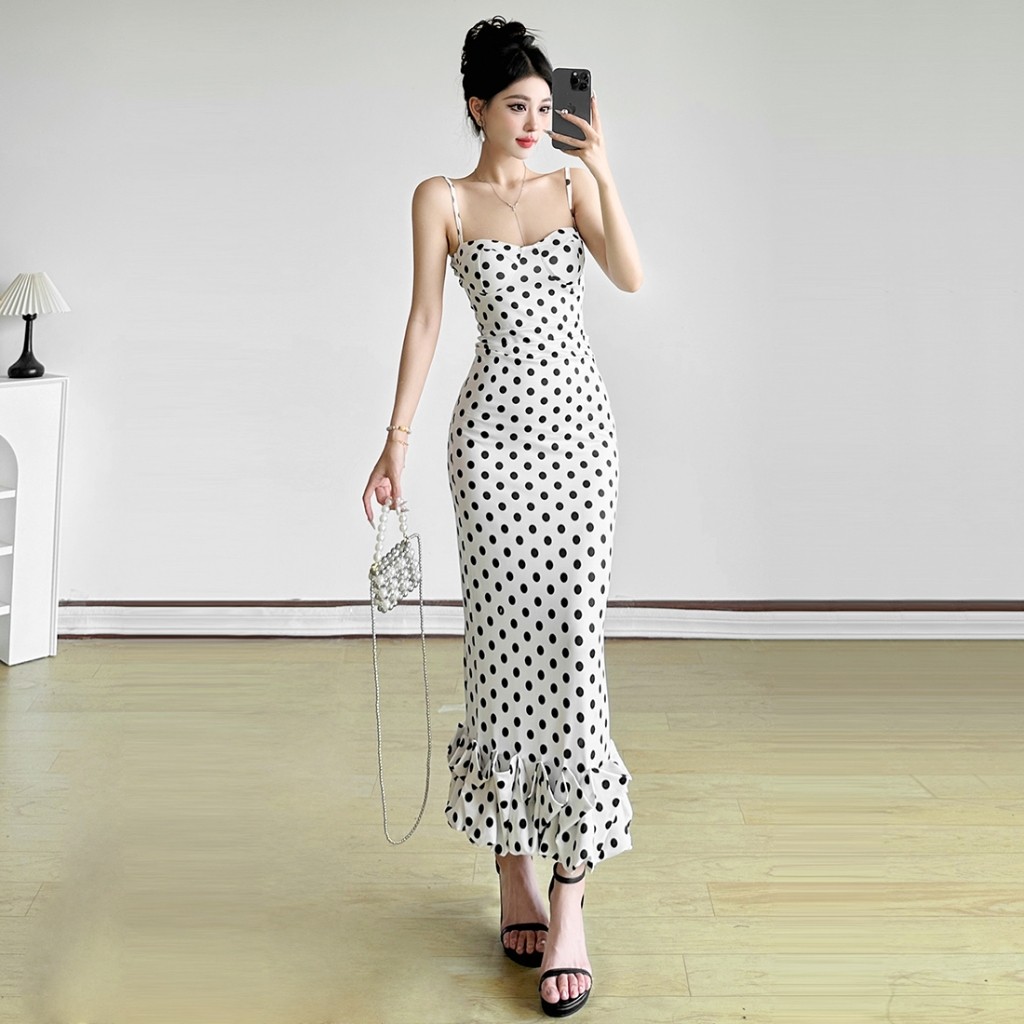 Cutenew Chấm Bi Đầm Maxi Gợi Cảm Sling Backless Skinny Hông-Cover Cá Tính Nóng Gà Con Nhìn Mỏng Hơn Thời Trang Nóng Mới