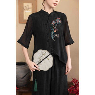 SWANLAKE | Set Bộ Dài Cổ Trụ Tay Lỡ Chất Liệu Xốp Hàn Thêu Hoa Pháp Phục Trung Niên Tặng Mẹ - B12119