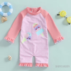 / / - [Đồ bơi bảo vệ phát ban 3 tháng tuổi cho bé gái] Bộ đồ tắm cổ dài tay thêu kem Icr