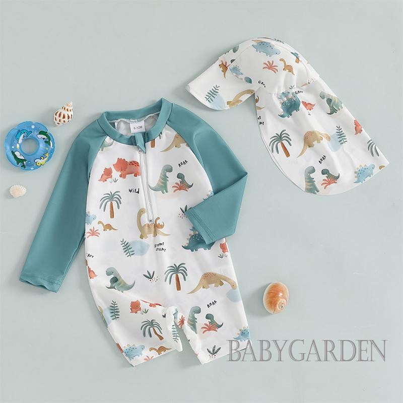 / / -6Month-4 Tuổi Đồ bơi bảo vệ phát ban cho bé trai có mũ Khủng Long / Cá mập Bộ đồ tắm có khóa kéo dài tay in hình cá mập