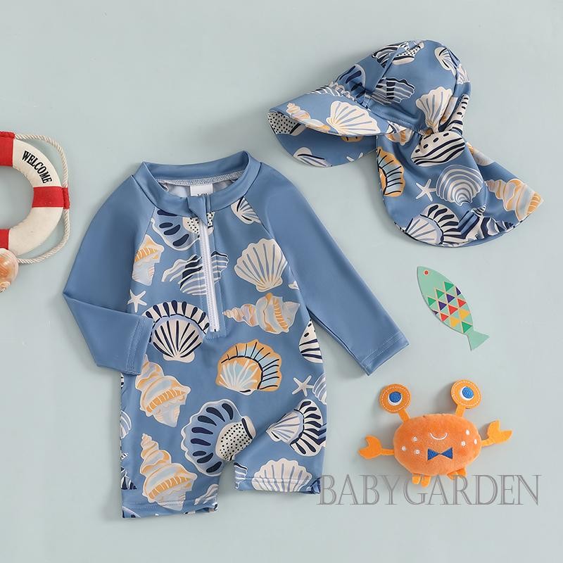 / / -3Month-3years Bé Trai Bé Gái Rash Guard Đồ Bơi Có Mũ Họa Tiết Vỏ Cá Ngựa Kéo Dài Tay Cổ Thủy Thủ Đoàn Đồ Bơi