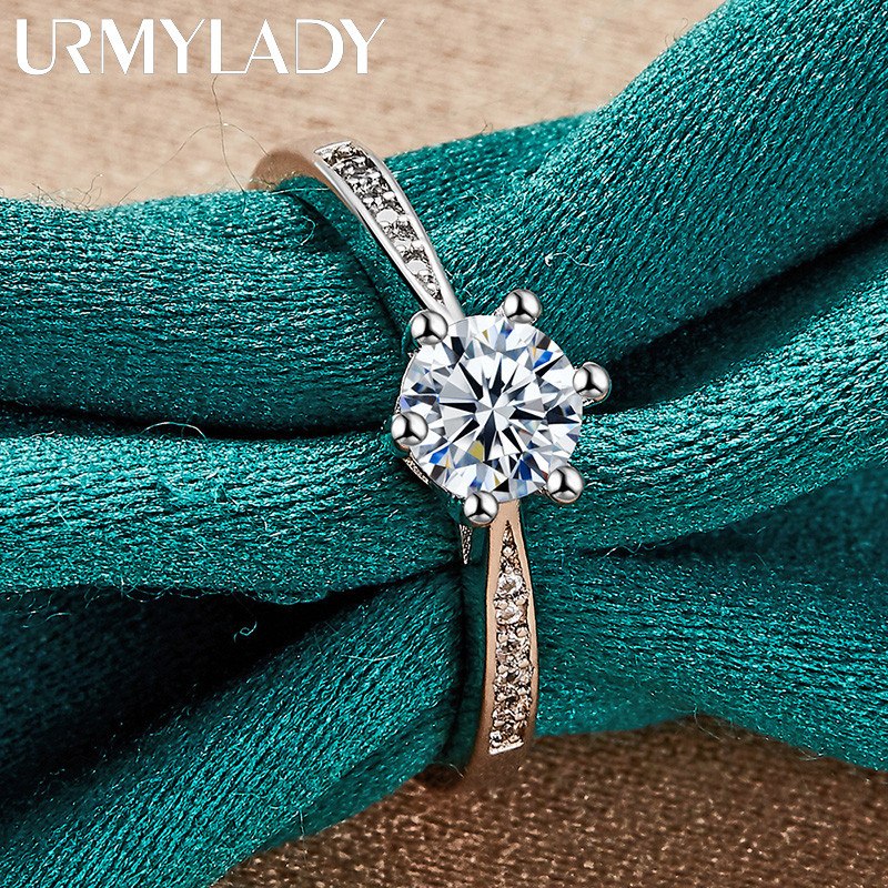 URMYLADY Bạc 925 Sáu Móng Vuốt Nhẫn Zircon Cho Nữ Tiệc Cưới Trang Sức Cao Cấp