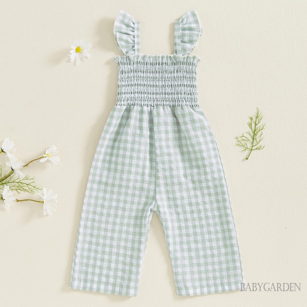 / / -6tháng-4years Bé Gái Áo Liền Quần Ruffle Không Tay Kẻ Sọc In Hình Quần Sụn Treo Trang Phục Mùa Hè