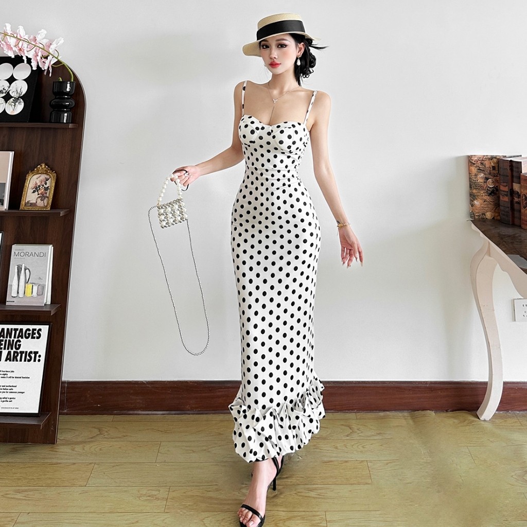Cutenew Chấm Bi Đầm Maxi Gợi Cảm Sling Backless Skinny Hông-Cover Cá Tính Nóng Gà Con Nhìn Mỏng Hơn Thời Trang Nóng Mới