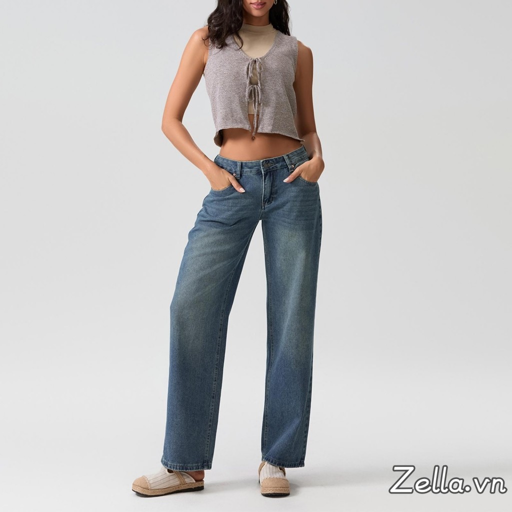 Quần jean cạp thấp thường ngày dành cho nữ Quần Denim ống thẳng dáng rộng có túi cho mùa xuân hè