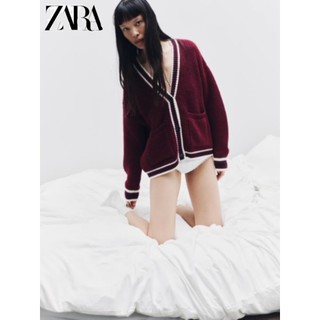 Áo Zara made in Morocco len cadigan đỏ đô viền trắng - nữ