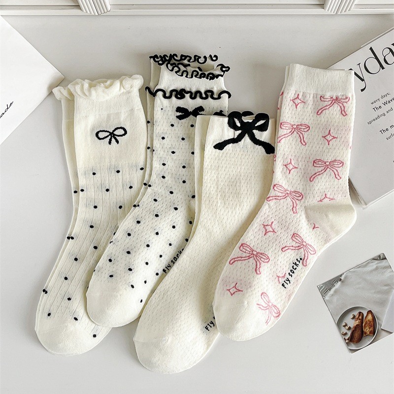 🔥Còn hàng🔥Tất nơ tất dài đến bắp chân, tất công chúa tất trắng cotton nguyên chất