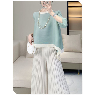 Miyake Áo Sơ Mi Xếp Ly Mùa Hè Cho Nữ, Phong Cách Mới, Size Lớn Cổ Tròn, Thun Tay Ngắn Rời