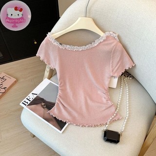 Moonlights Thời Trang Slim Off-Shoulder Ren Ngắn Tay Áo Thun Nữ Mùa Hè EN