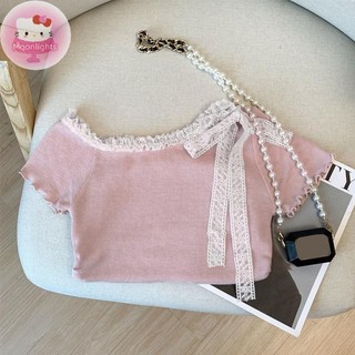 Moonlights Thời Trang Slim Off-Shoulder Ren Ngắn Tay Áo Thun Nữ Mùa Hè EN