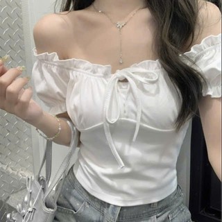 Áo croptop nữ trễ vai nơ cổ ôm dáng mặc được 2 kiểu