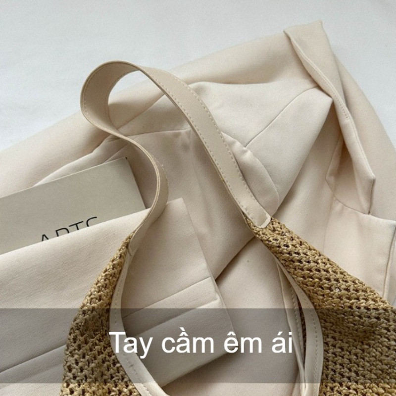 Túi xách cói nữ, Sức Chứa Lớn, Phong Cách Vintage Sang Chảnh,  Quai Da Đơn Giản, Nhẹ Nhàng Cho Nữ