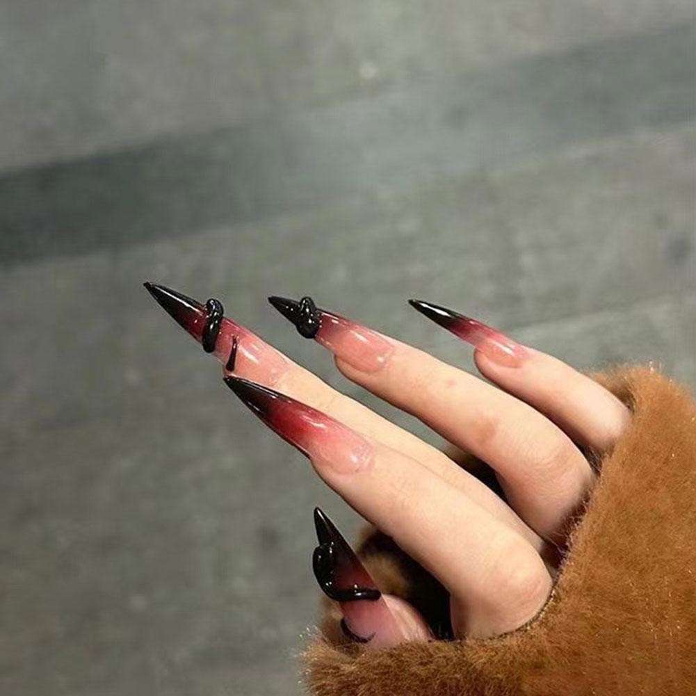 2025 Năm Con Rắn Handmade Đầu Dài Mặc Gia Vị Bé Gái Sinh Viên Chuyển Màu Đỏ Móng Tay Nghệ Thuật W5b1