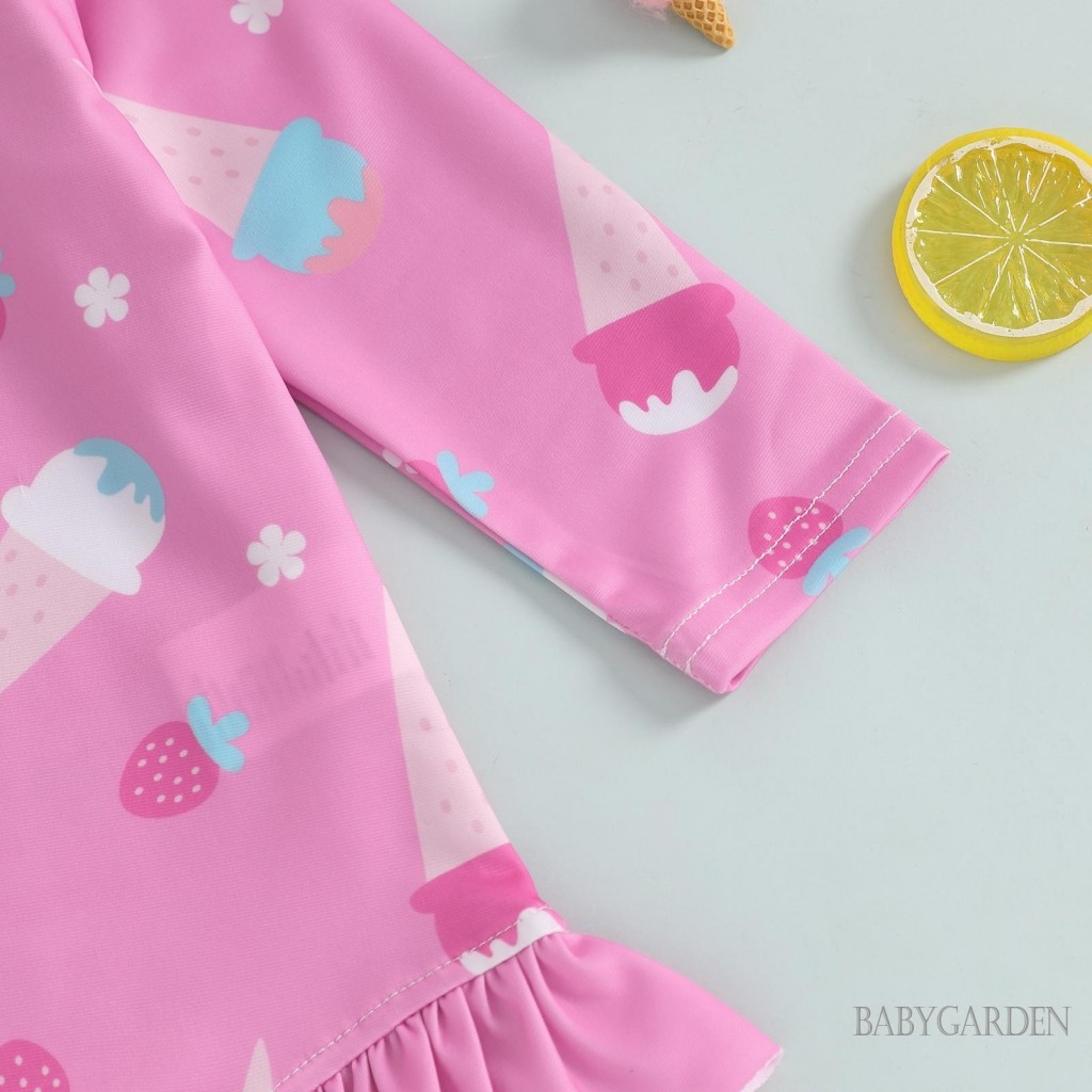 / / -3 tuổi Bộ áo liền quần bảo vệ phát ban cho bé gái có mũ dài tay hoa / dâu tây / dưa hấu / bộ đồ tắm in kem
