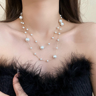 Vòng cổ ngọc trai dài Lớp kép dây chuyền bạc nữ thời trang xương đòn kiểu Pháp