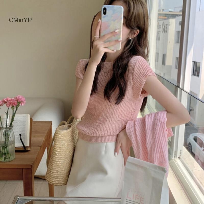 Cminyp Mùa Hè Màu Trơn Retro Dệt Kim Áo Thun Nữ Cổ Tròn Bay Tay Crop Top Glory