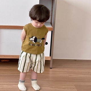 Mùa Hè Bé Trai Áo Quần Short Phù Hợp Với Chó Con Ba Chiều Dễ Thương Áo Thun Không Tay Bé Rời Quần Thường Ngày Hai-