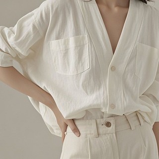 Áo Sơ Mi Trắng Nữ Pháp Cổ Chữ v Nguyên Chất Cotton Rời Dài Tay Top Ôm Hơn-