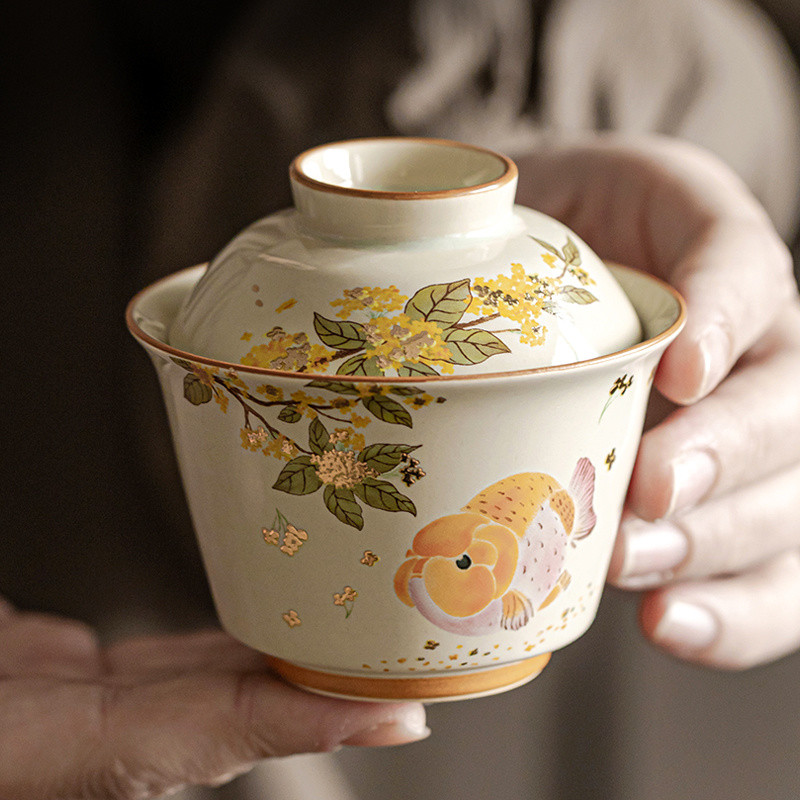 ✨Cỏ Xám Quế Vàng Ercai Gaiwan Gốm Hộ Gia Đình Retro Bộ Trà Kung Fu Cao Cấp
