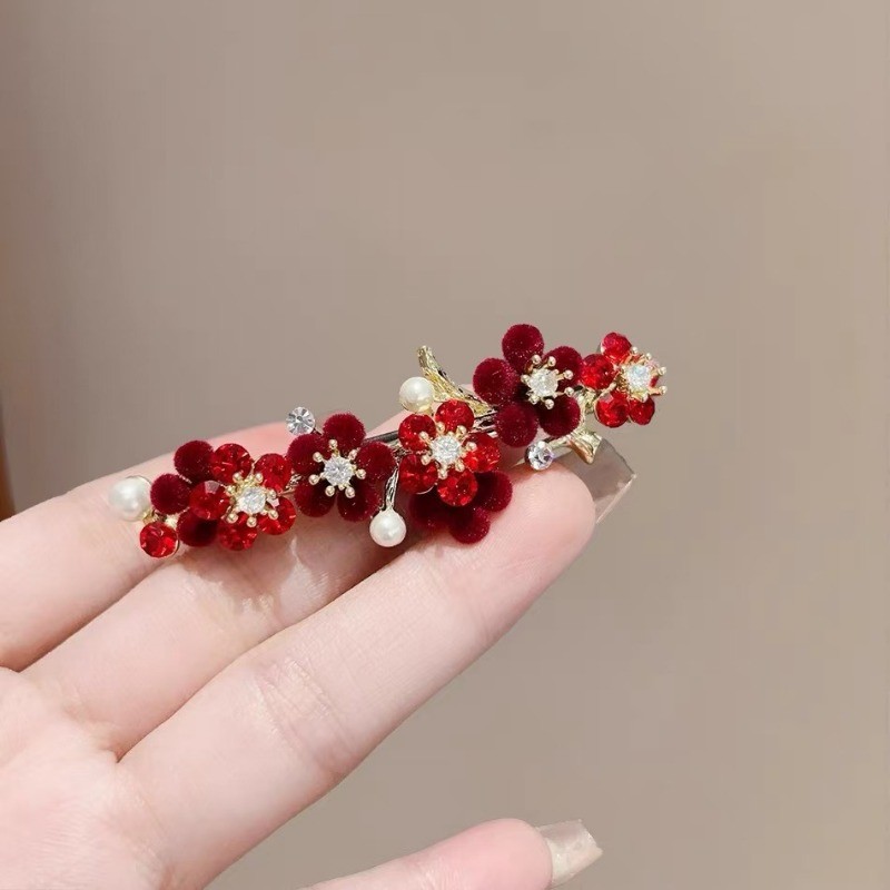 MAUROPOLI Kẹp tóc hoa đỏ cổ điển sang trọng, nửa mảnh, hoa hồng, kẹp đuôi ngựa bên hông nữ