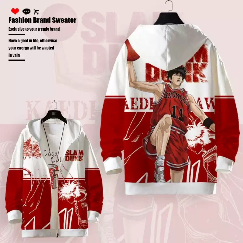 Áo khoác unisex Slam Dunk có khóa kéo, thiết kế nhân vật chính Rukawa và Sakuragi