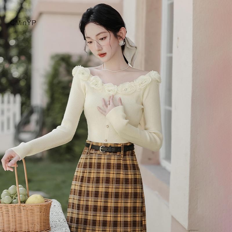 Cminyp Pháp Retro Nhẹ Nhàng Ba Chiều Hoa Ngoài Vai Dài Tay Mỏng Dệt Kim Áo Len Nữ Vinh Quang