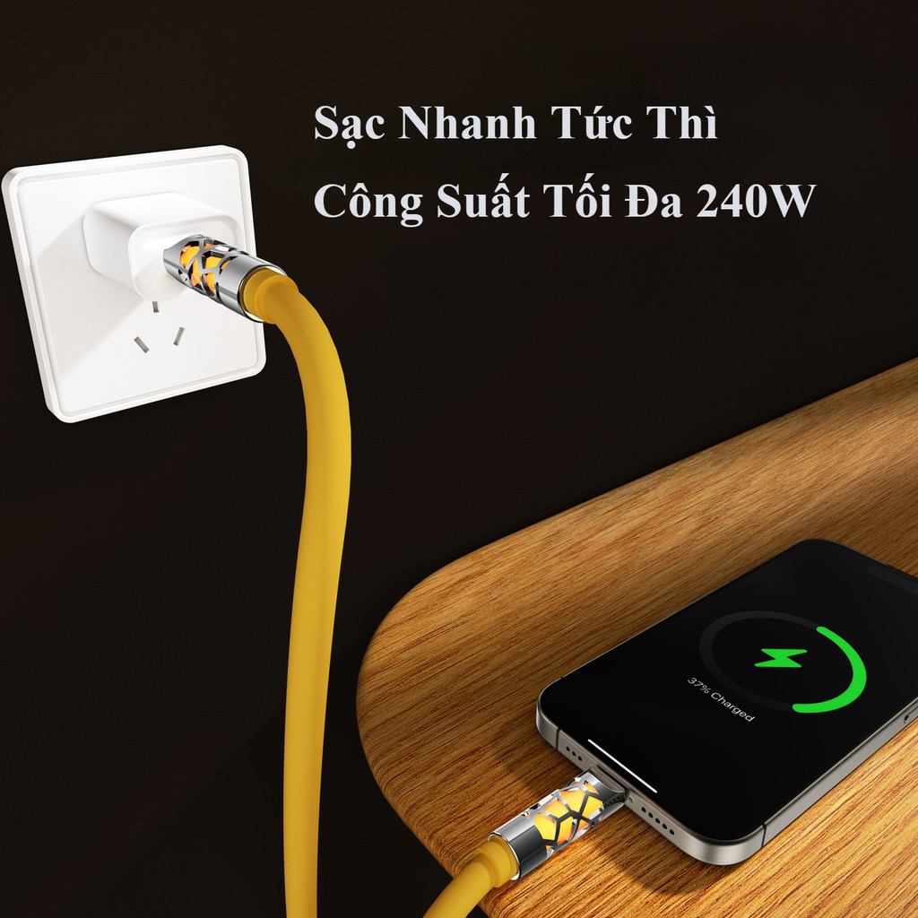 Dây Cáp Sạc Nhanh Type C 240W - Có đèn thay đổi màu - Có chip E-Marker - Dây silicon mềm - Decor dẹp