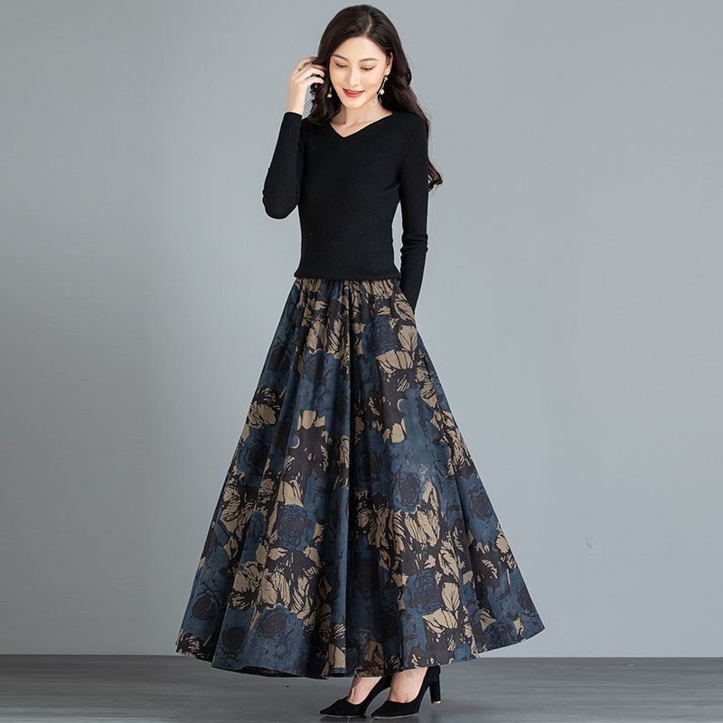 Giải phóng mặt bằng mùa có túi Váy len dân tộc cạp cao Váy dài hoa cổ điển Plus Size Váy 25.1.2