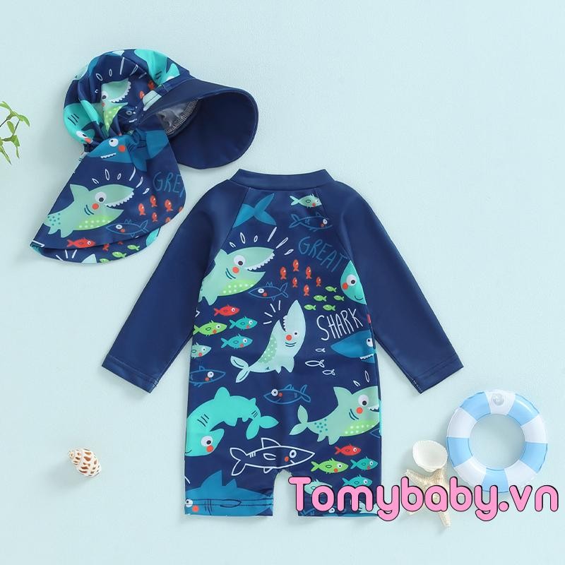 Bộ đồ bơi bé trai tập đi Họa tiết cá mập có khóa kéo dài tay Bộ đồ tắm cổ tròn có mũ