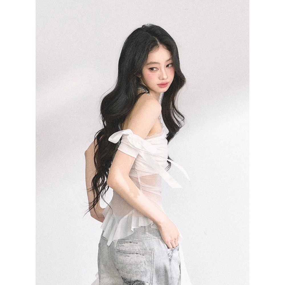 Milyfashion Pure Desire - Áo sơ mi vuông vai, tay ngắn, thiết kế thanh mảnh và hơi trong suốt