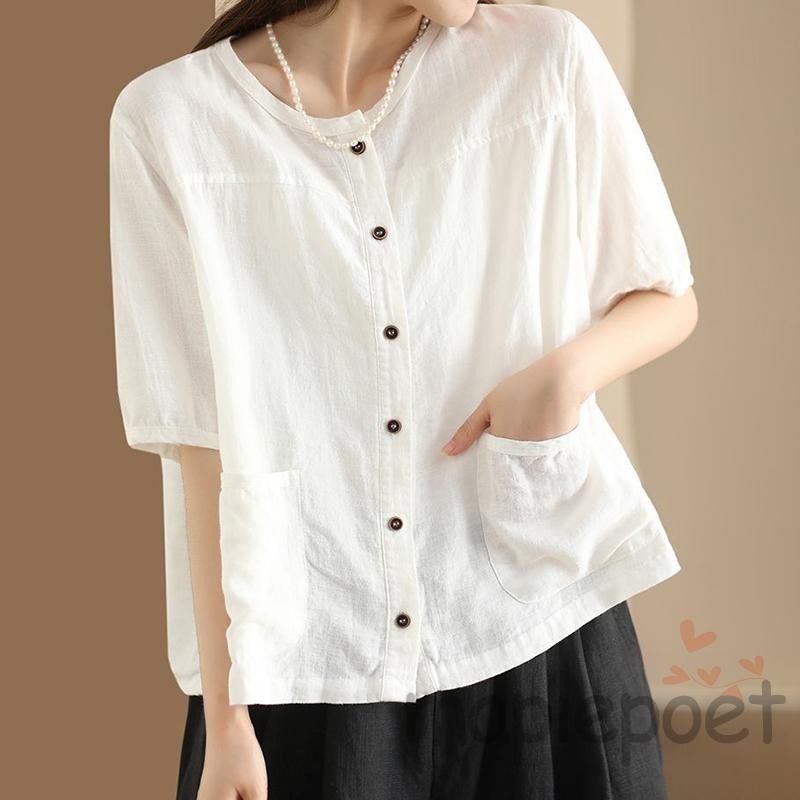 MAPLEPOET Áo nữ kiểu dáng giản dị, vải lanh ngắn tay, màu trơn phù hợp mùa xuân hè