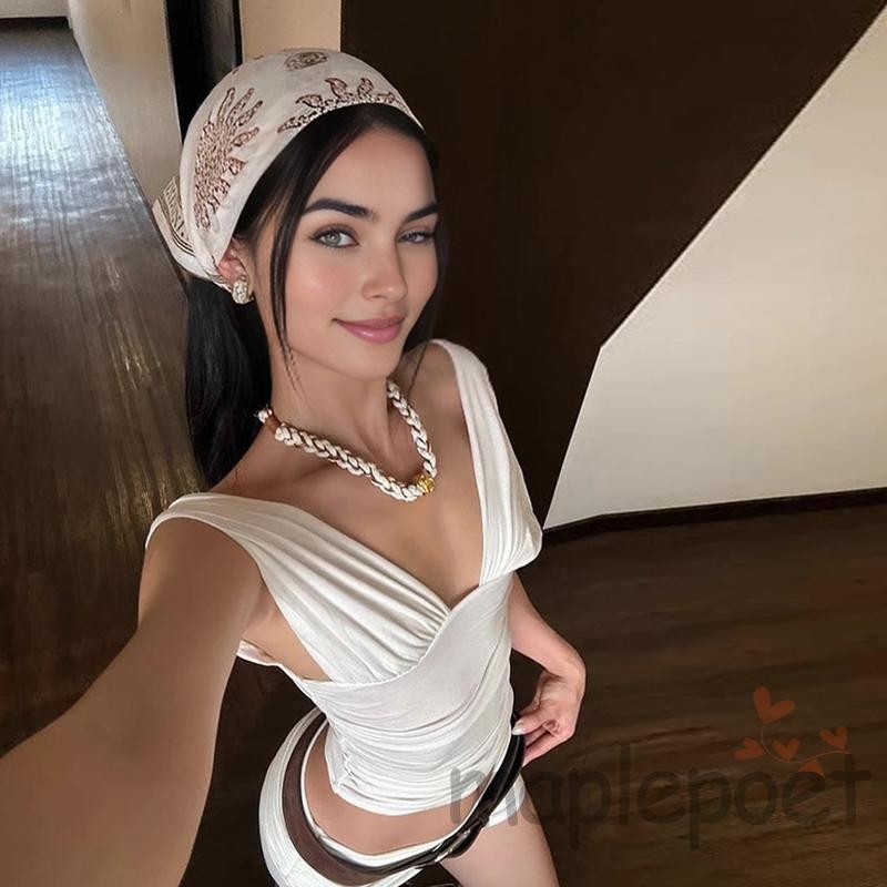 MAPLEPOET-Áo cổ chữ V xếp vững chắc mùa hè dành cho nữ và quần short Mini cao cấp Bộ 2 món cho câu lạc bộ tiệc tùng