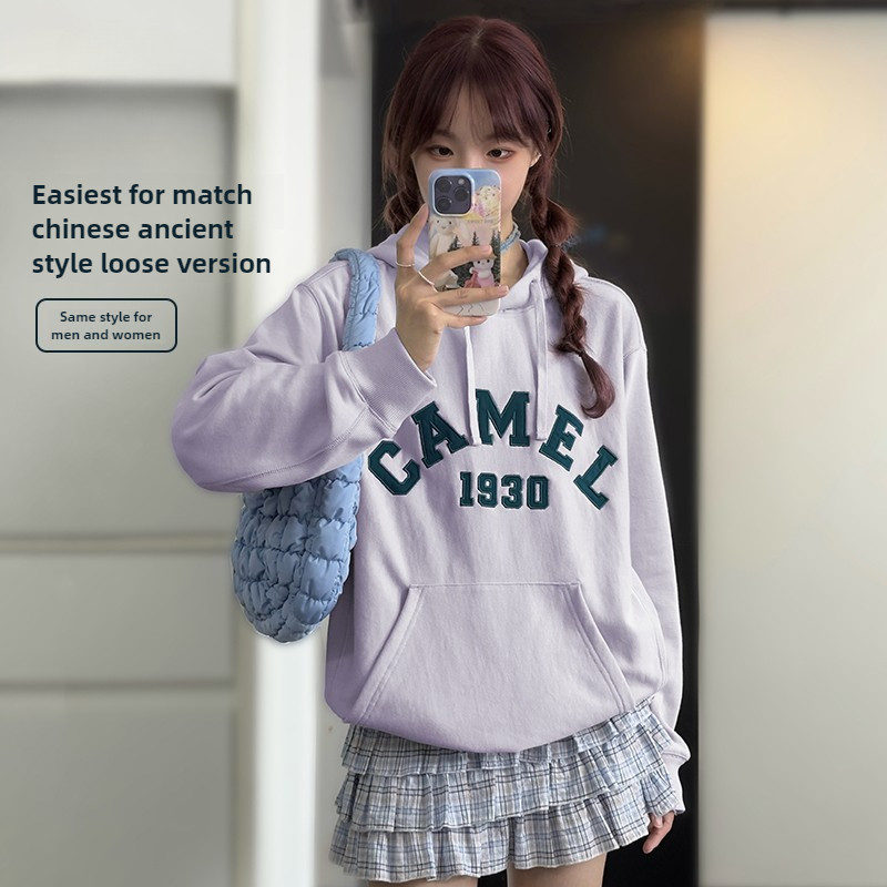Ảnh Camel CROWN Áo nỉ dáng rộng dành cho nam và nữ có mũ trùm đầu Plus lông cừu dài tay dành cho cặp đôi 2