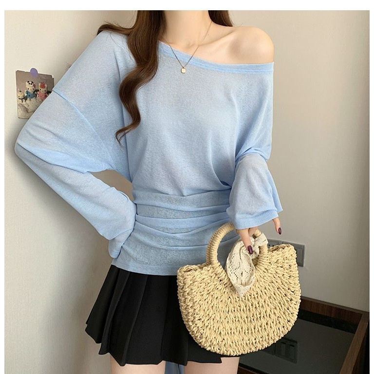 Milyfashion Loose Size Lớn Dài Tay Chống Nắng T Mỏng Mùa Hè Cổ Tròn Dây Buộc Nẹp @