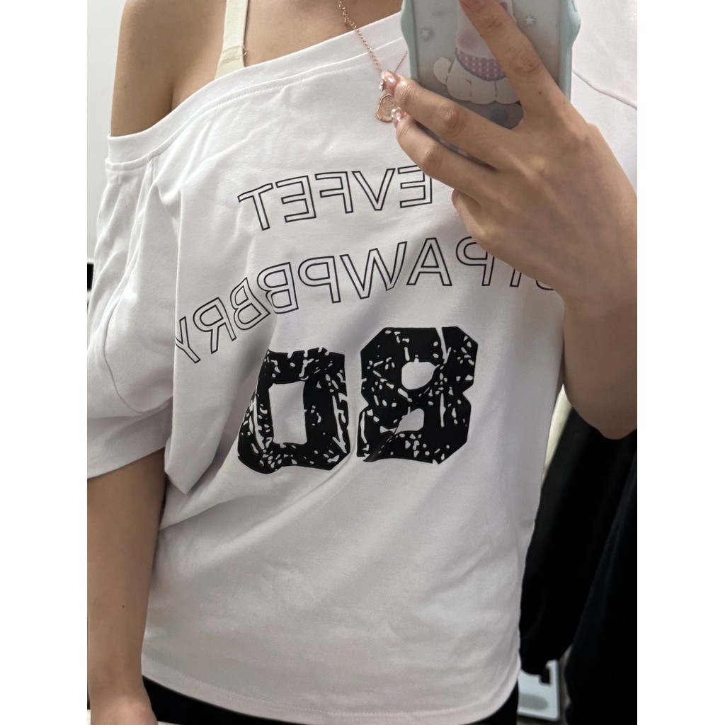 Milyfashion In Chữ Slanted Vai Áo Thun Nữ Mùa Hè Rời Tay Ngắn Hot Girl Off-Shoulder Top Quần Áo Nữ
