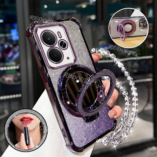 Ốp lưng Realme 14 14T 5G Vỏ lấp lánh Gradient mới có gương trang điểm Giá đỡ từ tính Realme14 Realme 14 T Bảo vệ ống kính có giá đỡ dây buộc Vỏ điện thoại chống sốc