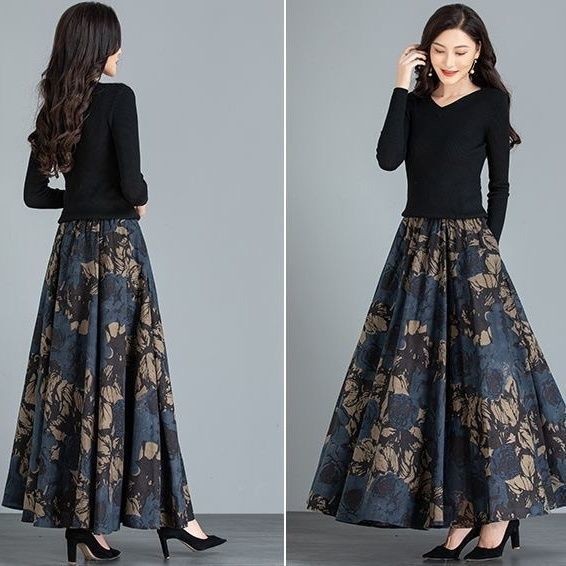 Giải phóng mặt bằng mùa có túi Váy len dân tộc cạp cao Váy dài hoa cổ điển Plus Size Váy 25.1.2