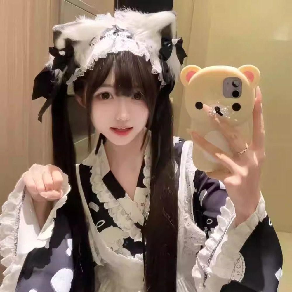 EBINLANDS Tai Mèo Băng Đô, Nơ Gothic Quấn Đầu, Cosplay Ren Mũ Phụ Kiện Tóc