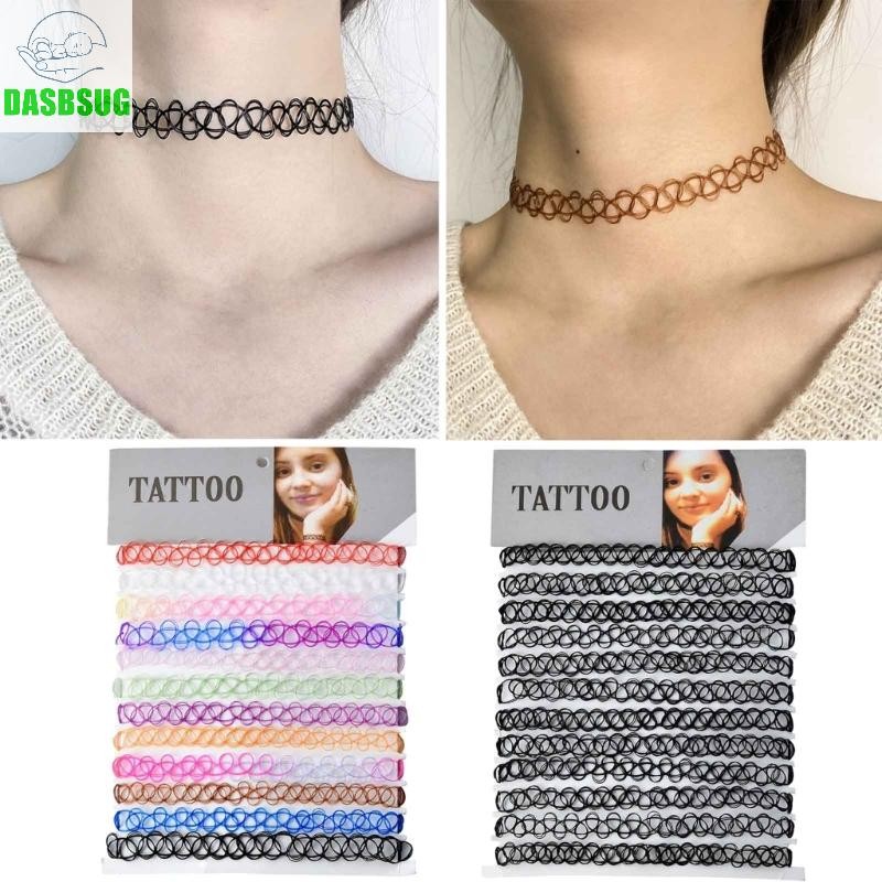 Dasbsug 12 Miếng Vintage Hippy Co Giãn Hình Xăm Vòng Cổ Choker Co Giãn Vòng Cổ