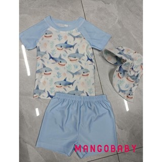 Bộ đồ bơi MG-Toddler Boys Rash Guard Áo cổ tròn tay ngắn in hình cá mập có quần Short và mũ bơi Bộ 3 chiếc