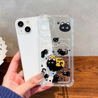 Ốp điện thoại túi đựng thẻ mèo đen dễ thương cho Samsung Galaxy A35 A34 A55 A54 A53 A52 A51 A73 A72 A71 S24 S23 S22 S21 Plus Ultra S21FE S23FE S20FE Vỏ điện thoại túi khí