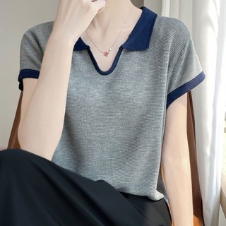 Cổ Polo Áo Len Tay Ngắn Mùa Hè Nữ Phong Cách Mới Thời Trang Rời Đơn Giản Phiên Bản Hàn Quốc Áo Thun Cổ Chữ V Sang Trọng Hàng Đầu