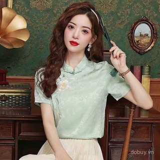 Mùa hè 2025 Hàng mới về Áo sơ mi ngắn tay cổ điển có cổ đứng phong cách Trung Quốc buộc nút và thiết kế thêu Jacquard