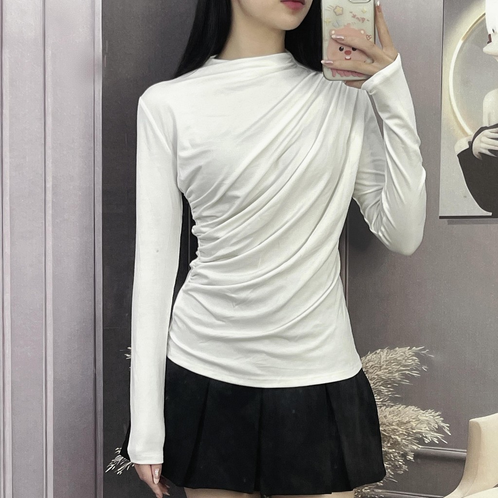 Áo Thun Nữ Tay Dài Cổ Tròn, Kiểu Rúm Eo Tôn Dáng, Chất Liệu Cotton Zip Cao Cấp, Co Giãn 4 Chiều, Mềm Mịn
