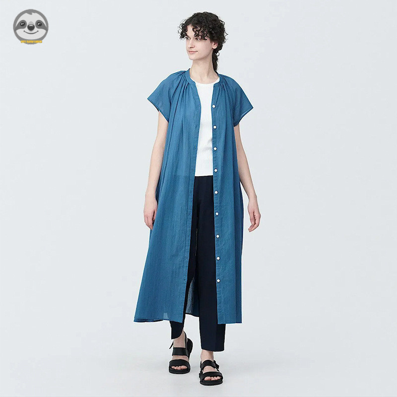 Phong cách Nhật Bản Muji - Váy ngắn tay cotton màu trơn có dây rút - Áo sơ mi dài văn học dáng rộng mỏng hơn