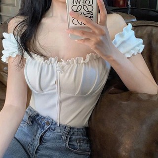 Áo croptop trễ vai tiểu thư nơ cổ ôm body mặc được 2 kiểu