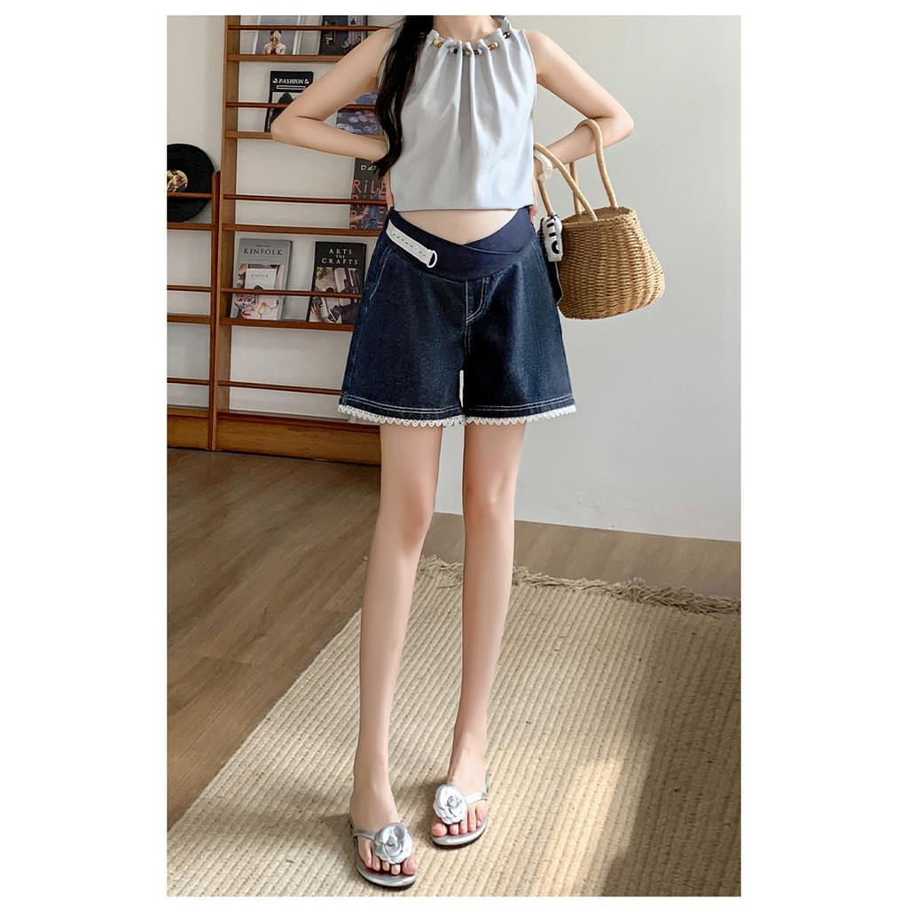 Quần bà bầu mùa hè ren Denim quần ống rộng